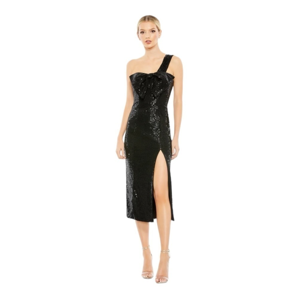Mac Duggal Sequined One Shoulder Front Bow Dress in Black NWT